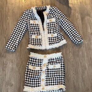Chic Houndstooth Jacket and Skirt Set